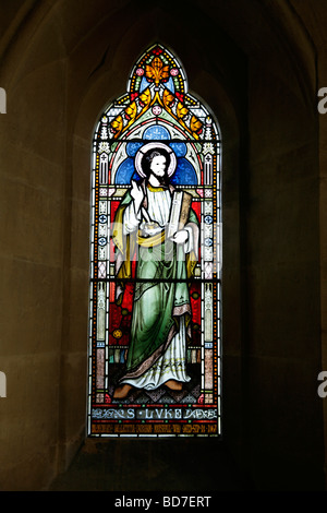 Una vetrata attribuita a Frederick Preedy (1820-1898), St. Barnaba Church, Snowshill Gloucestershire raffigurante San Luca Evangelista Foto Stock
