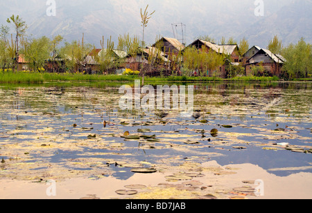 Case costruite tra i giardini d'acqua dal lago Foto Stock