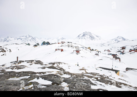 Greenlands sledgedogs e case del borgo Kulusuk Groenlandia Foto Stock