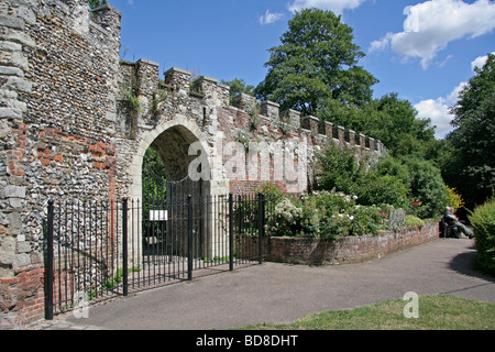 Il 14secolo postierla cancello costruito nel 12secolo flint e muro di pietra che circonda il castello di Hertford motivi Foto Stock