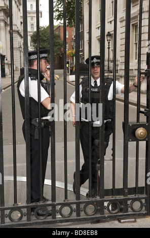 Due Metropolitan armati poliziotti a dovere dietro i cancelli di sicurezza proteggendo la fine di Downing Street, Whitehall, Londra Foto Stock