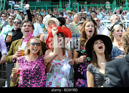 Racegoers in abiti glamour e cappelli fare il tifo per i corridori e i piloti a Brighton gare Ladies giorno Foto Stock