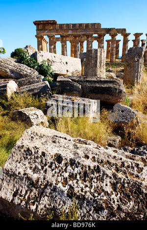 Greco colonne Dorik presso le rovine del tempio e a Selinunte in Sicilia Foto Stock