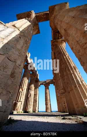 Greco colonne Dorik presso le rovine del tempio e a Selinunte in Sicilia Foto Stock