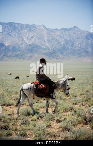 Uomo a cavallo di un asino in montagna di Uzbekistan. Foto Stock