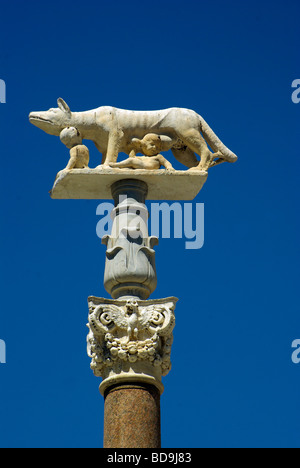 La lupa simbolo di Siena su un piedistallo sulla scalinata del Duomo di fronte a Santa Maria della Scala Foto Stock