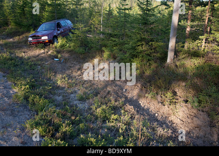 Si è schiantato auto a fossato dopo incidente stradale , Finlandia Foto Stock