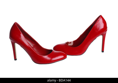 Rosso ad alta scarpe tacco su sfondo bianco Foto Stock