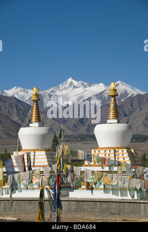 Bandiere di preghiera di fronte chortens, Ladakh, Jammu e Kashmir India Foto Stock