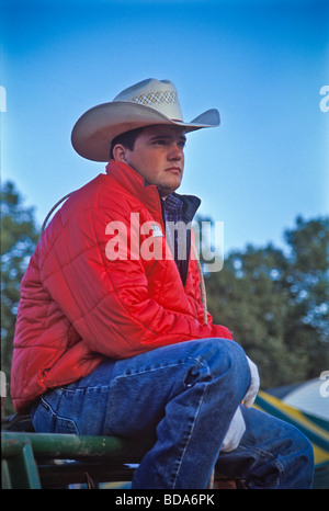 Un cowboy si siede sul recinto affacciato su rodeo arena Foto Stock