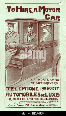 Pubblicità per la guida con autista Noleggio auto 1908 Foto Stock