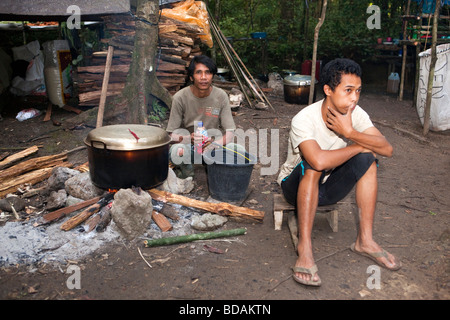 Indonesia Sulawesi operazione Lambusango Wallacea riserva forestale La Pago personale di ebollizione di acqua potabile Foto Stock