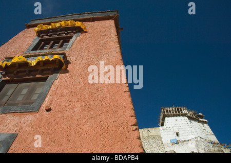 Basso angolo di visione di un gompa con un forte in background, Namgyal Tsemo Gompa, vittoria Fort,Leh,Ladakh,Jammu e Kashmir,l'India Foto Stock