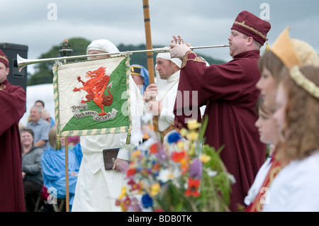 Trumpeter al Gorsedd dei cantori cerimonia presso l'Eisteddfod nazionale del Galles Bala Gwynedd Agosto 2009 Foto Stock