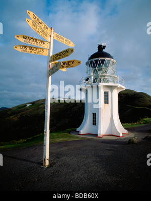 Cape Reinga casa leggera distanza segno al polo sud Foto Stock