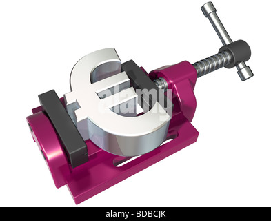 Illustrazione isolata di un simbolo euro essendo schiacciato in una morsa Foto Stock