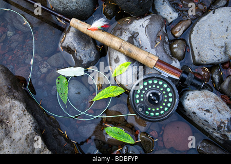 Una canna da mosca, volare aspo, pesca alla trota net, e scatola di mosche artificiali utilizzati per la pesca alla trota e steelhead Foto Stock