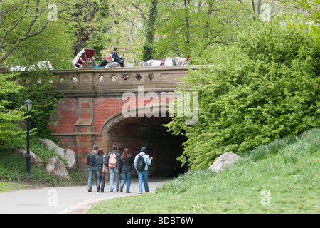 Un gruppo di turisti testa per il sottopassaggio in Central Park di New York come un cavallo buggy va oltre il ponte Foto Stock