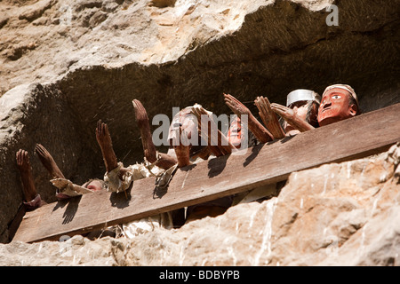 Indonesia Sulawesi Tana Toraja tradizionale Lemo tau tau effigi di persone morte in alto sulla rupe sopra tombe Foto Stock