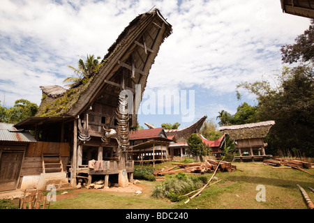 Indonesia Sulawesi Tana Toraja Bebo stato elevato buffalo corna fuori casa tongkonan in composto di famiglia Foto Stock