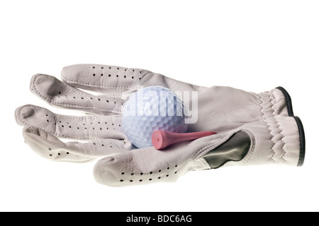 La pallina da golf e guanto isolato su un puro sfondo bianco Foto Stock