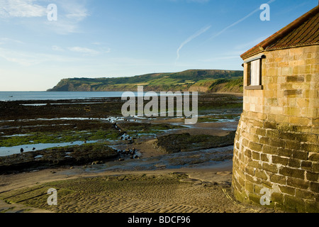 La mattina presto il sole sul case e mare difese a muro e guardando verso Ravenscar Robin cappe Bay North Yorkshire Inghilterra Foto Stock