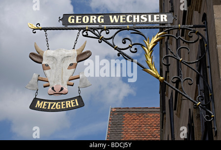 Segno al di sopra di una macelleria in Spalt, Franconia, Germania. Foto Stock