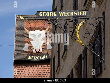 Segno al di sopra di una macelleria in Spalt, Franconia, Germania. Foto Stock