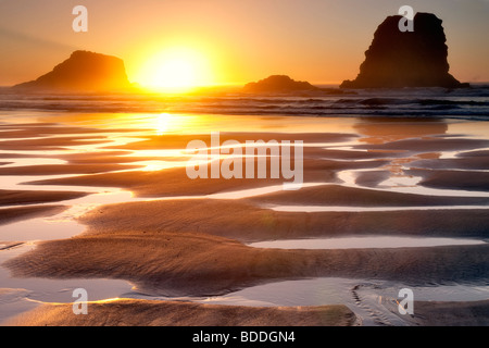 Tramonto con la bassa marea riflettendo piscine.Samuel H. Boardman membro Scenic corridoio. Oregon Foto Stock