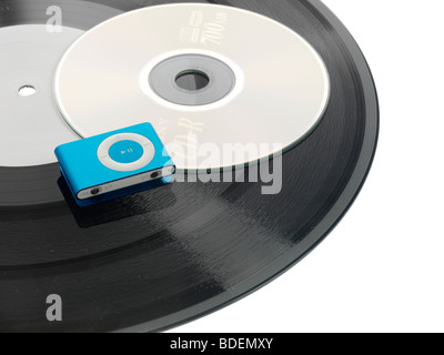 Dischi in Vinile, CD e lettore MP3 Foto Stock