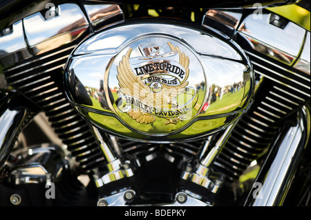 Harley Davidson Moto motore v-twin con 'live a ride' involucro personalizzato close up dettaglio. Messa a fuoco selettiva Foto Stock