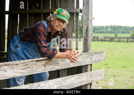 Senior uomo nel fienile appoggiata sulla recinzione Foto Stock