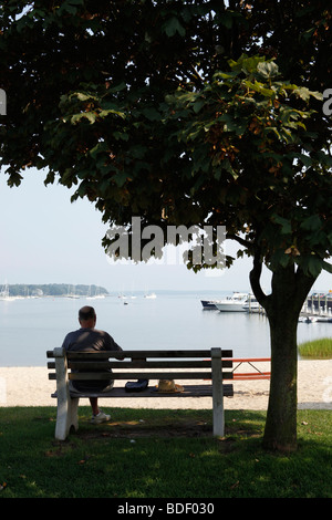 Un uomo legge su un banco all'ombra di un albero che si affaccia Sag Harbor Bay, Sag Harbor, New York Foto Stock