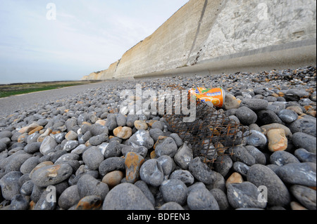 Spazzatura intorno a un barbecue scartato su una spiaggia di ciottoli. Costa del Sussex vicino a Brighton, Regno Unito Foto Stock