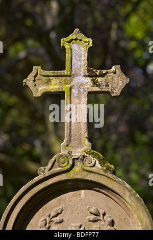 Croce di pietra su pietra tombale, vecchio cimitero, Bonn, Renania settentrionale-Vestfalia, Germania, Europa Foto Stock