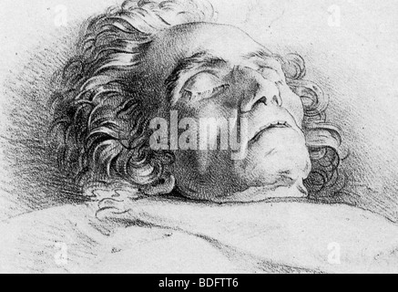 LUDWIG van Beethoven (1770-1827) del compositore tedesco sul suo letto di morte. Foto Stock