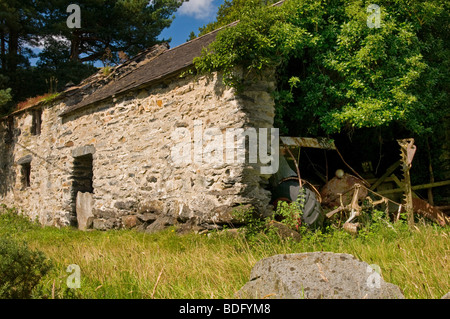 Abbandonato il vecchio farm barn e macchinari in Crafnant in Snowdonia Galles del Nord Foto Stock