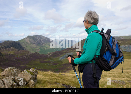 Signora cadde walker guardando la vista dal grigio Knotts attraverso Haystacks e alta rupe Buttermere sopra Foto Stock