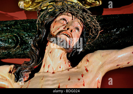 Spagna, San Giacomo Titolo: Dettaglio del crocifisso Gesù Cristo nella chiesa gotica Iglesia La Real Colegiata in Roncisvalle Foto Stock