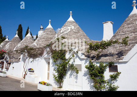 Una fila di Trulli Casa con segni esagonali in Alberobello Puglia, Italia Foto Stock