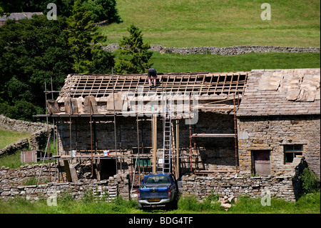 Builder riparazione tetto in pietra di un fienile in Swaledale - Yorkshire Dales National Park. Foto Stock