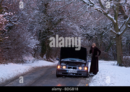 Le donne sul suo proprio con ripartiti in auto nella neve,arenati su telefono cellulare tenta di ottenere aiuto per sistemarla. Foto Stock