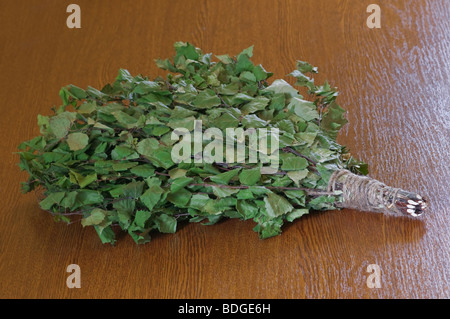 Scopa di betulla sul tavolo di legno Foto Stock