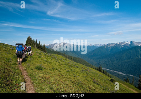 Backpackers su Alta Divide Trail, Hoh River Valley e Bailey montagna sulla destra; il Parco Nazionale di Olympic, Washington. Foto Stock