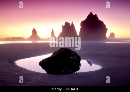 Monolito pile del mare che riflette la piscina e il tramonto. Samuel H. Boardman membro Scenic corridoio. Oregon Foto Stock
