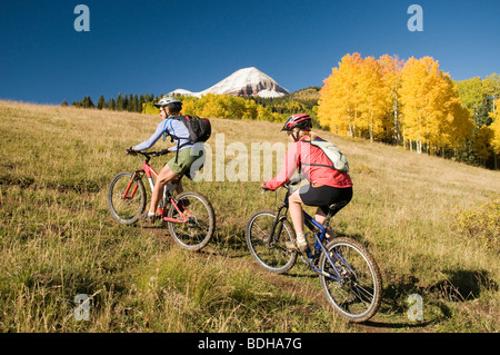 Due donne in mountain bike attraverso il giallo aspen alberi, San Juan National Forest, Colorado. Foto Stock