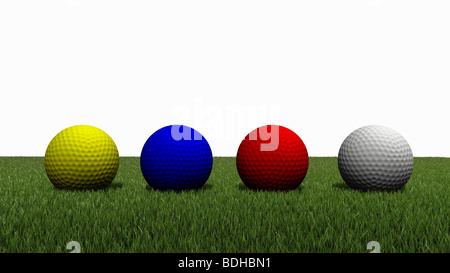 Rendering 3D colorato di golfball sull erba verde con sfondo bianco Foto Stock