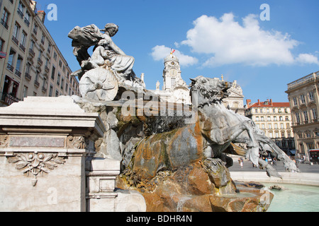 Hotel de Ville, Fontana Bartholdi, Place des Terreaux a Lione, Francia Foto Stock