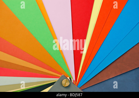 Campioni di carta sullo sfondo del grafico. Diversi pesi e i colori della stampa su carta. Foto Stock