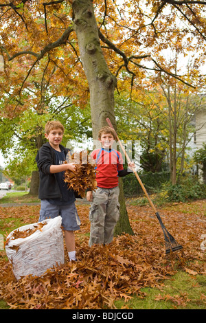 I bambini a rastrellare foglie Foto Stock